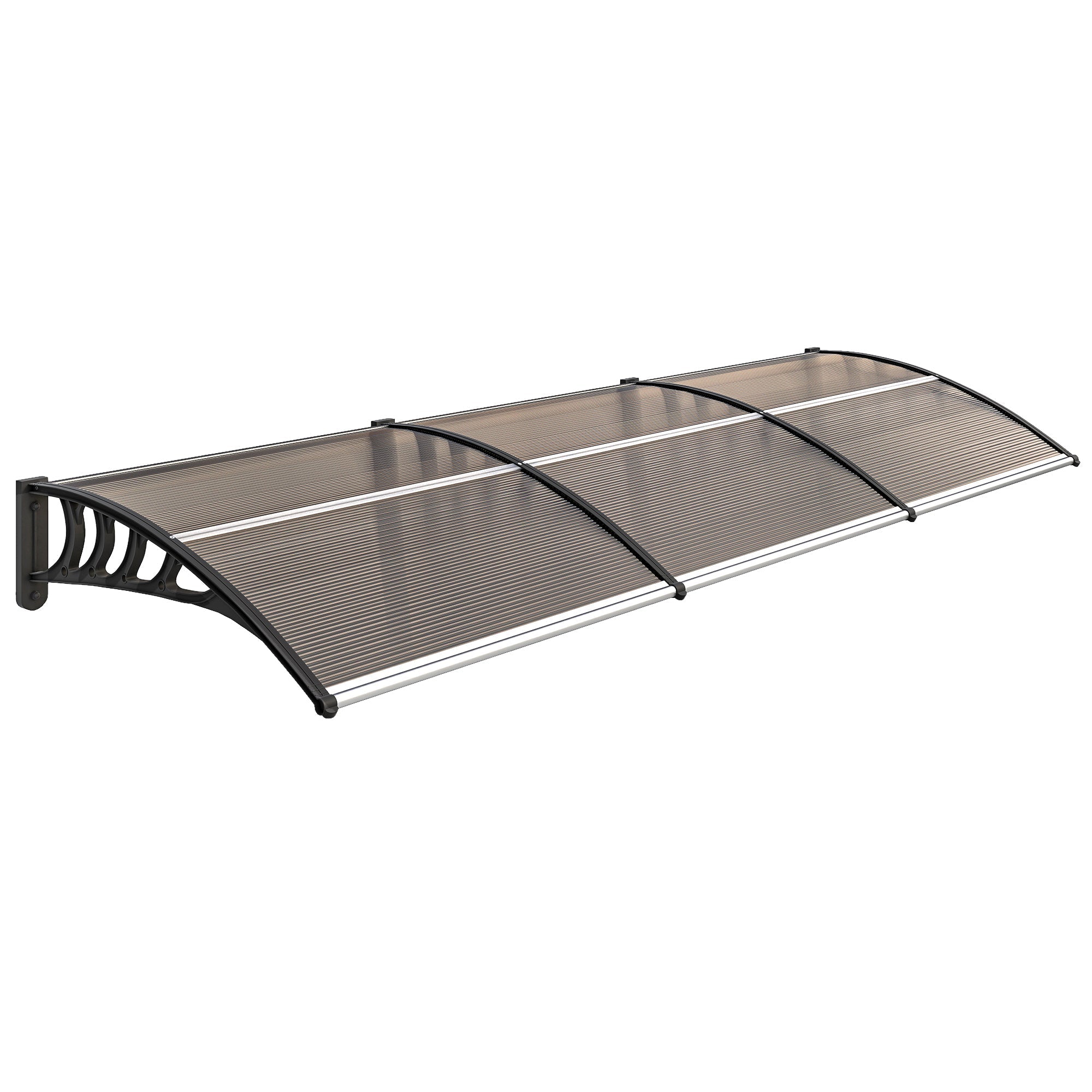 Outsunny front door canopy in brown with black and silver curved shape and translucent ribbed roof panel for moderate breeze