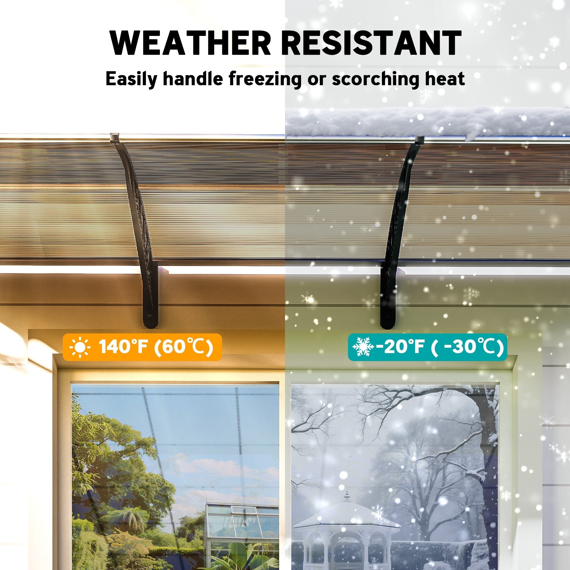 Black weather-resistant awning bracket for outsunny front door canopy with curved shape built to withstand moderate breeze