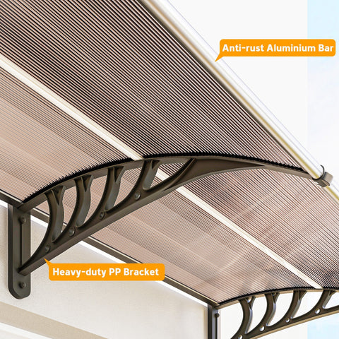 Brown textured outsunny door canopy with curved shape aluminum frame and pp brackets for moderate breeze protection