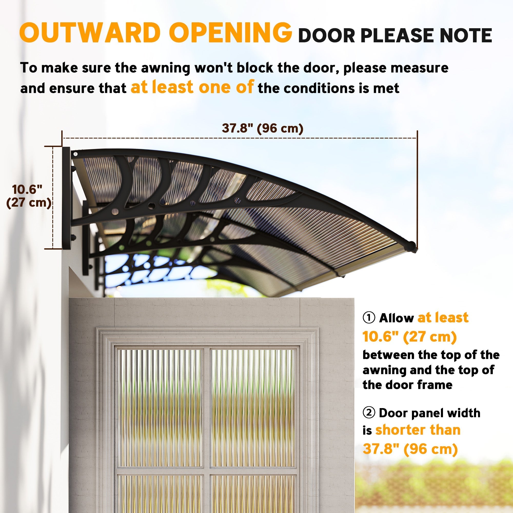 Brown black metal door canopy with curved shape and decorative lattice design perfect for moderate breeze protection