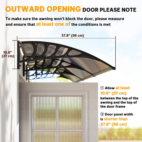 Brown black metal door canopy with curved shape and decorative lattice design perfect for moderate breeze protection