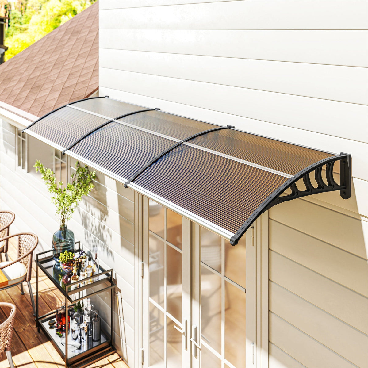 Outsunny door canopy with curved shape, aluminium frame, black arched awning, and brown translucent panels
