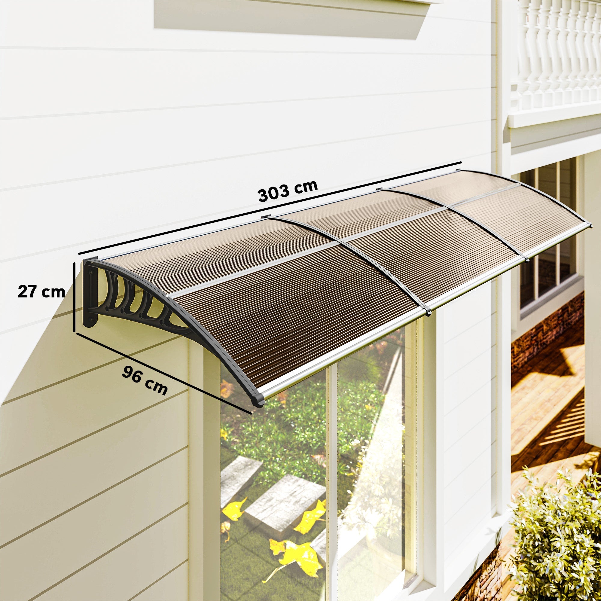 Outsunny brown translucent plastic door canopy with black metal frame and curved shape ideal for moderate breeze protection
