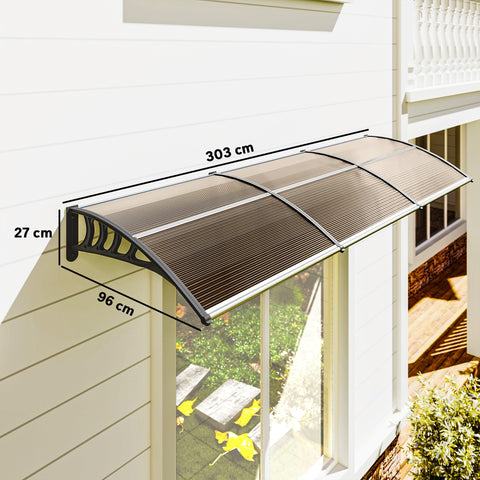 Outsunny brown translucent plastic door canopy with black metal frame and curved shape ideal for moderate breeze protection
