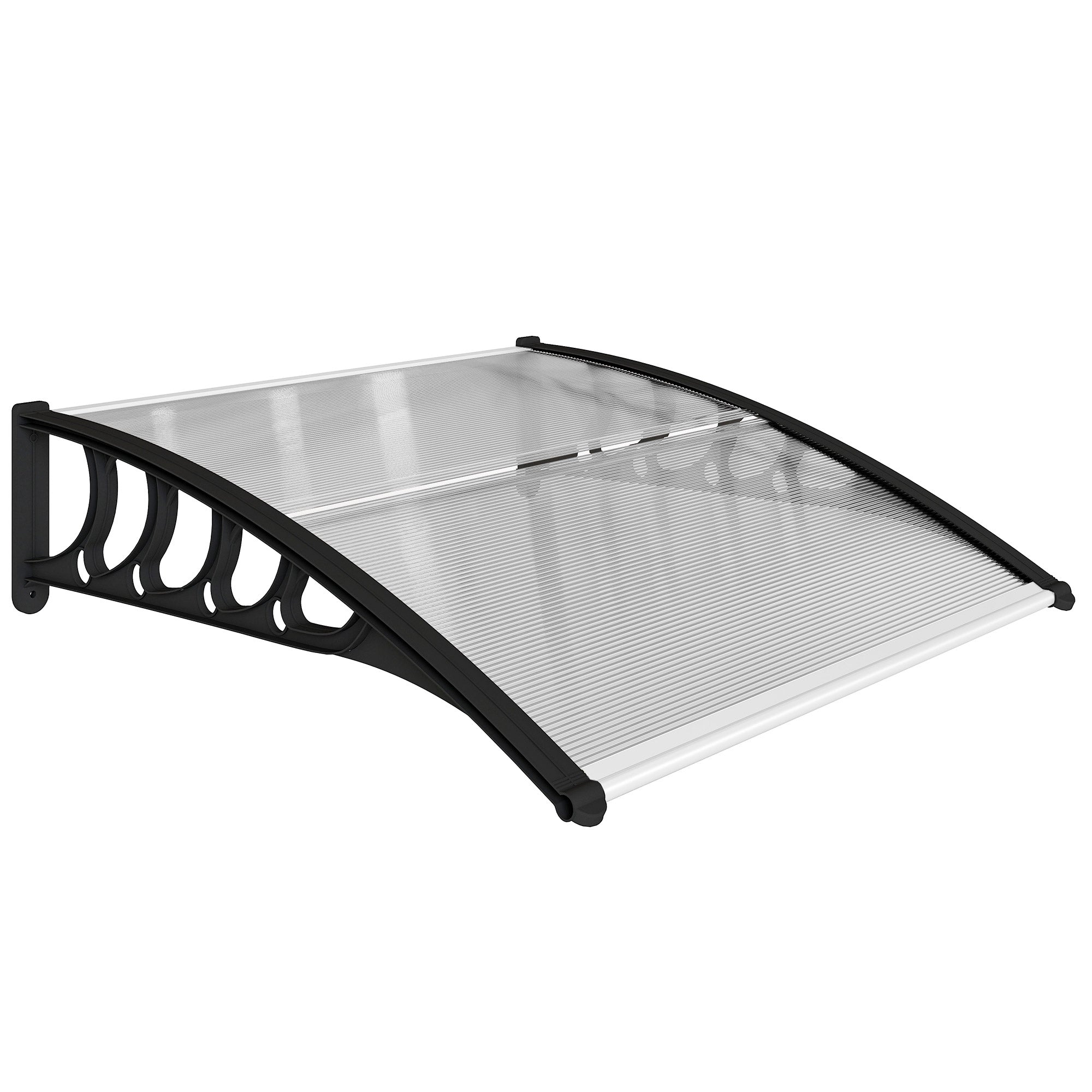 Outsunny door canopy with black frame translucent corrugated plastic and decorative cutout side panel for moderate breeze