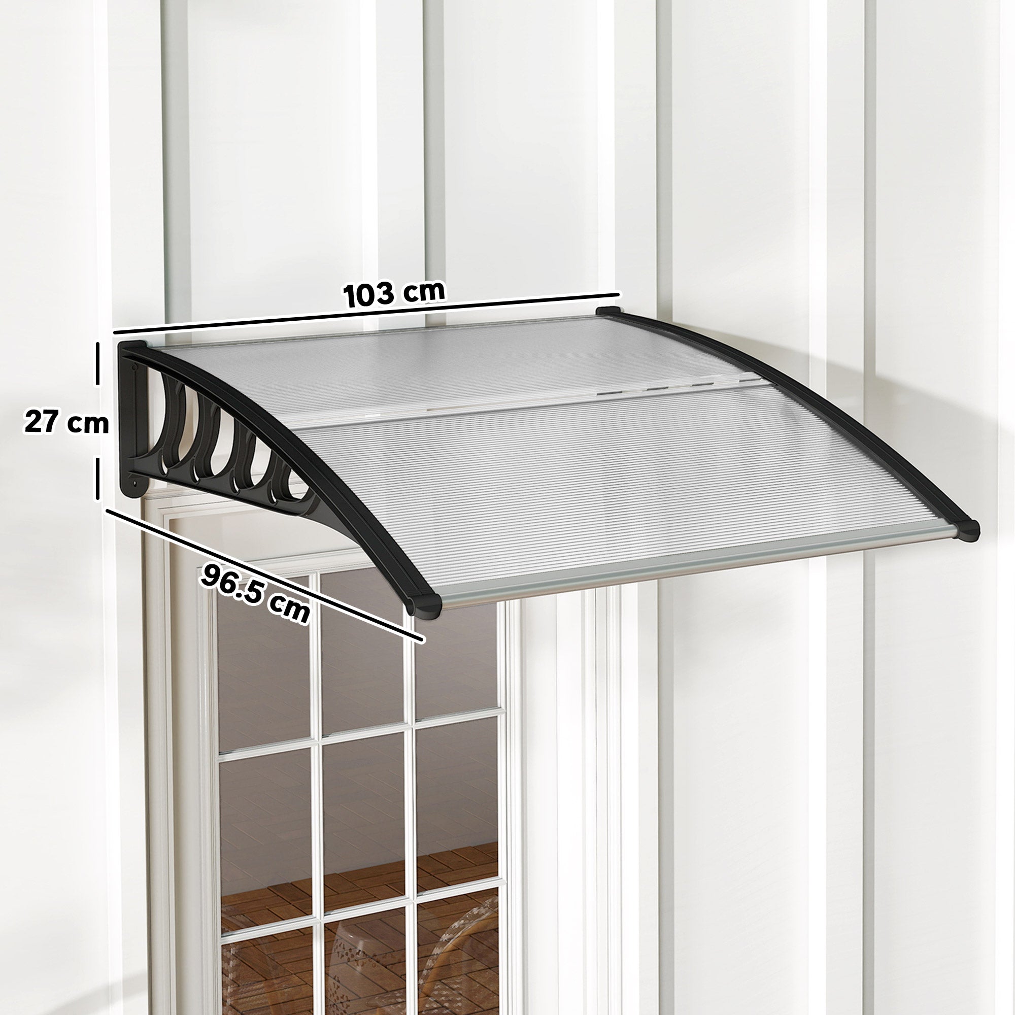 Outsunny front door canopy with silver translucent plastic and black metal frame featuring curved shape for moderate breeze