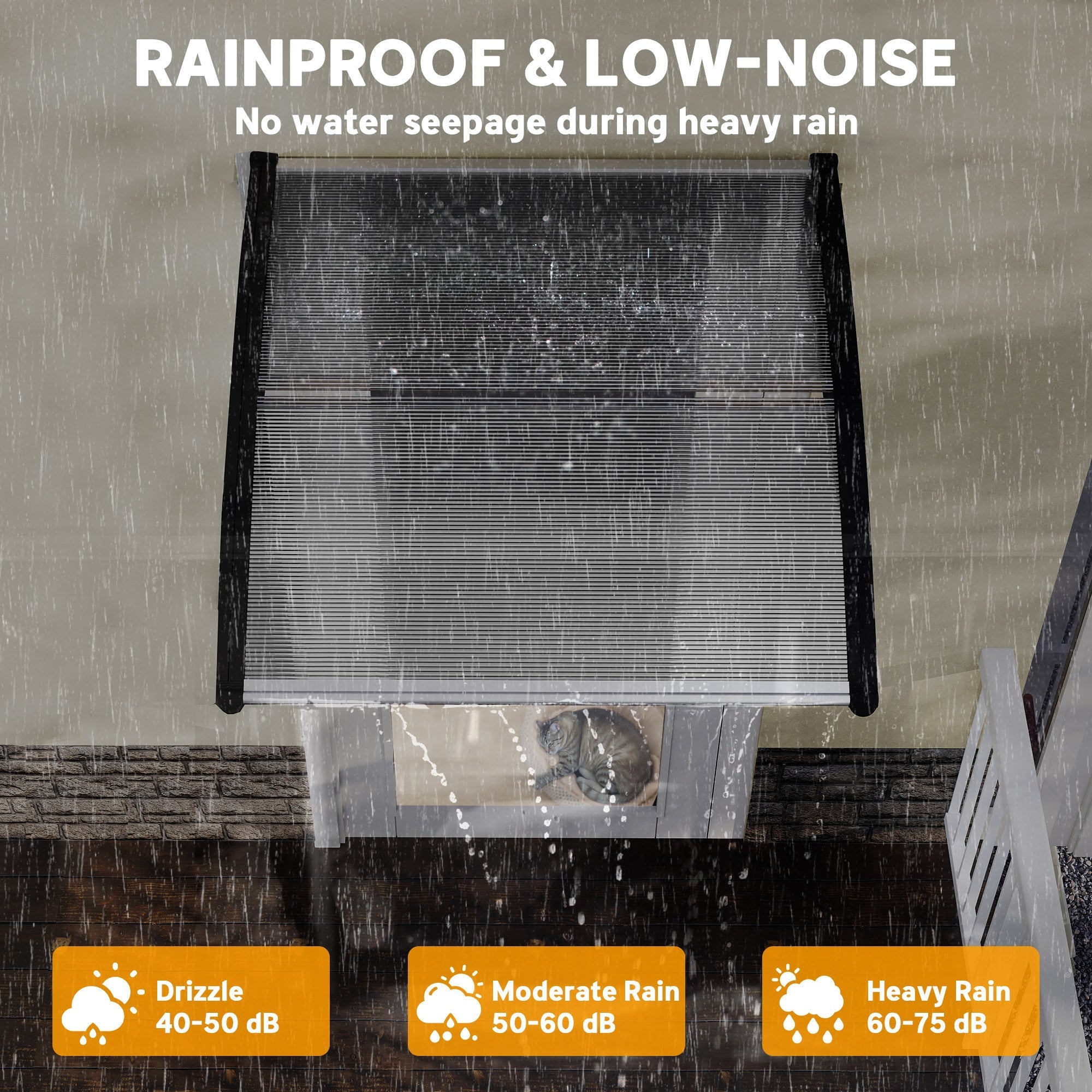 Black rainproof mesh door canopy with curved shape protecting outdoor cat enclosure from heavy rain and moderate breeze