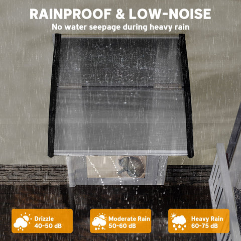 Black rainproof mesh door canopy with curved shape protecting outdoor cat enclosure from heavy rain and moderate breeze