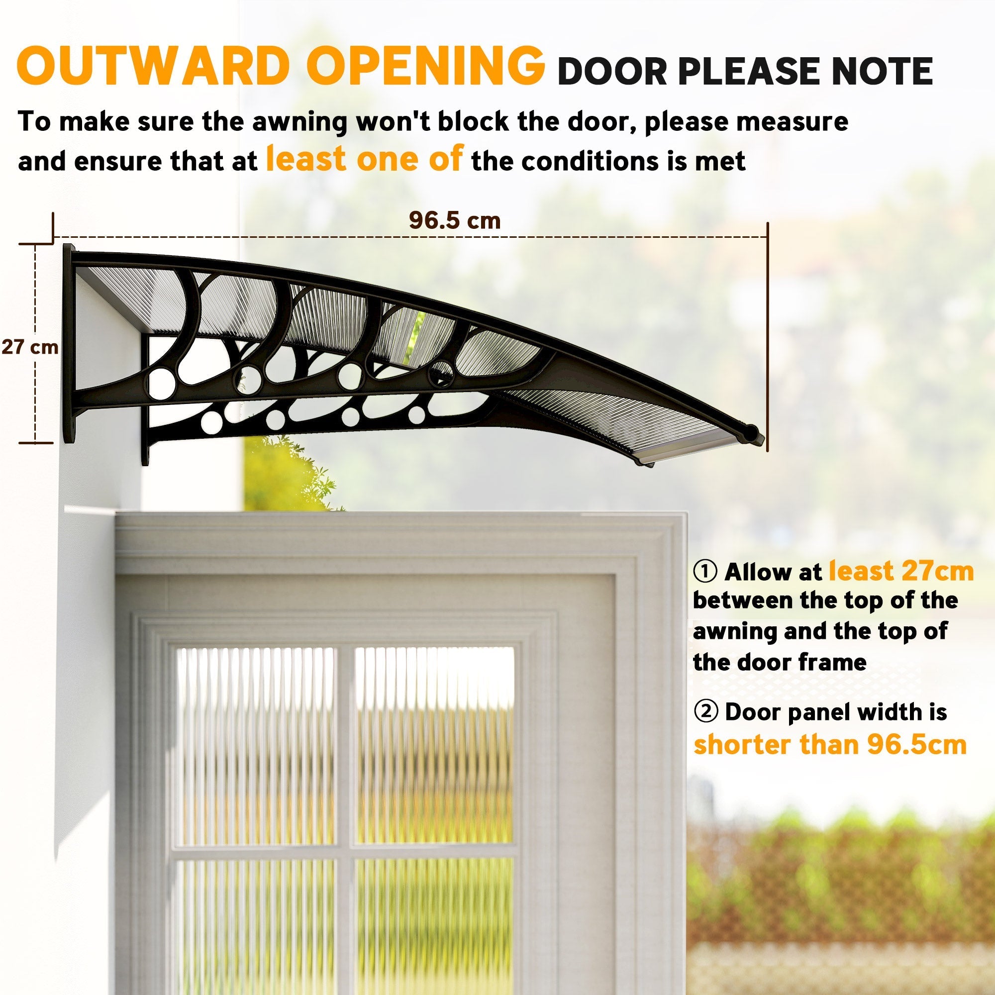 Black metal door canopy with aluminium frame and curved shape featuring circular cutouts and mesh panel for outdoor use