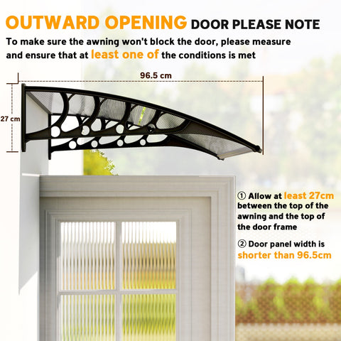 Black metal door canopy with aluminium frame and curved shape featuring circular cutouts and mesh panel for outdoor use