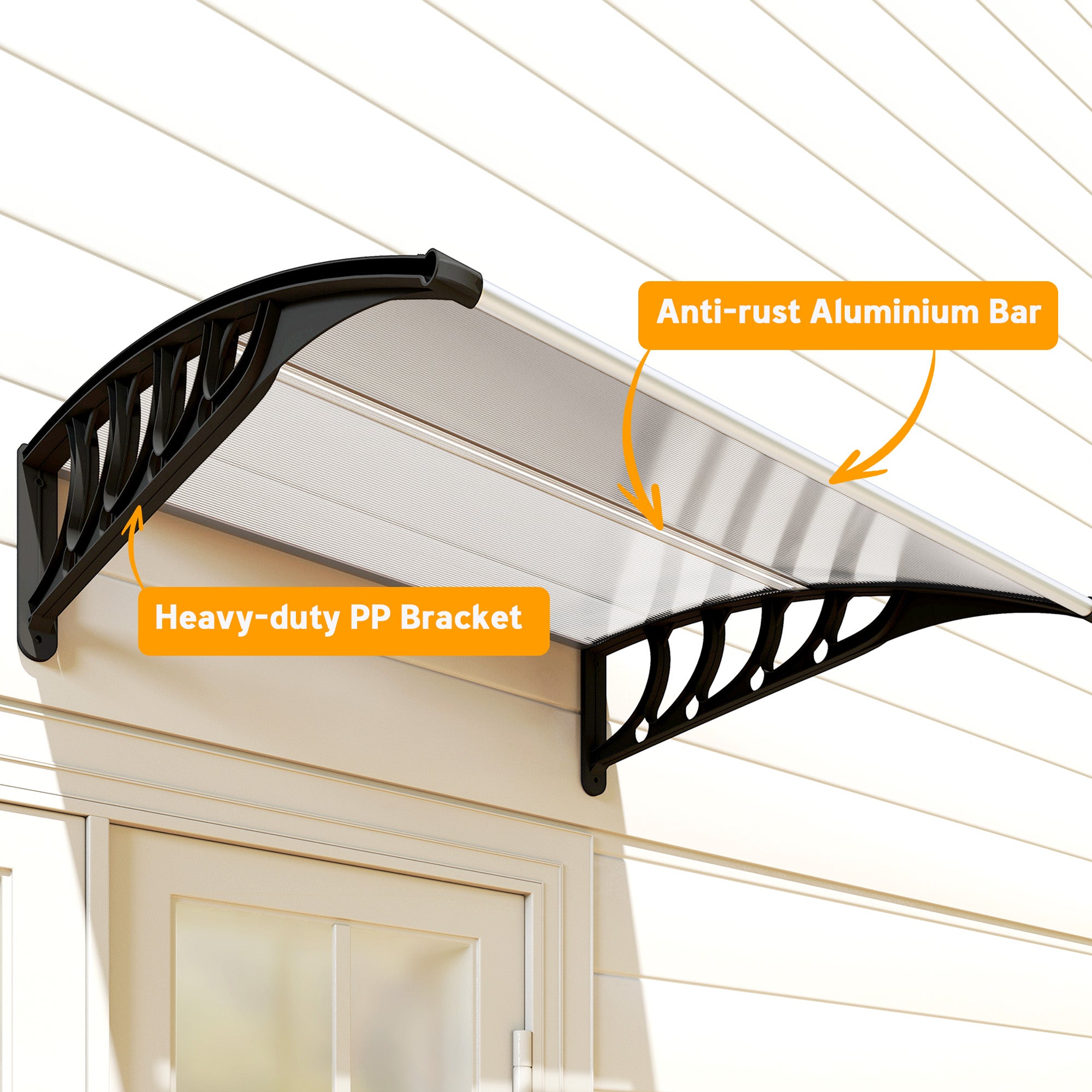 Black and silver outsunny door canopy with curved shape aluminium frame anti-rust bar and heavy-duty pp bracket