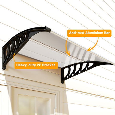 Black and silver outsunny door canopy with curved shape aluminium frame anti-rust bar and heavy-duty pp bracket