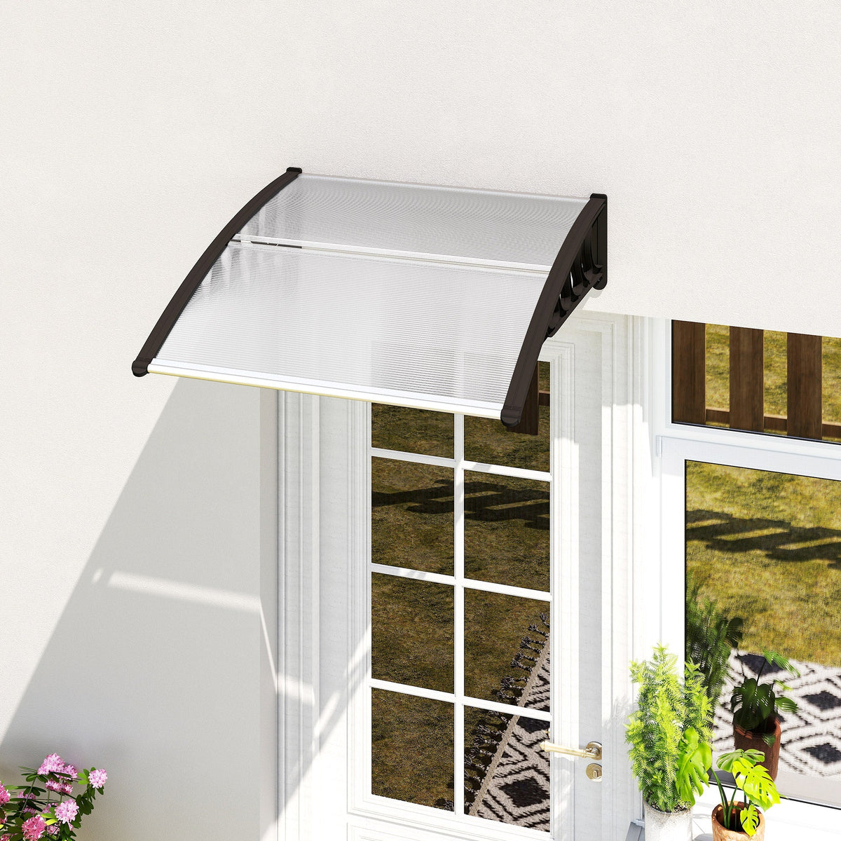 Clear textured polycarbonate door canopy with curved shape and black aluminium frame for front door shelter