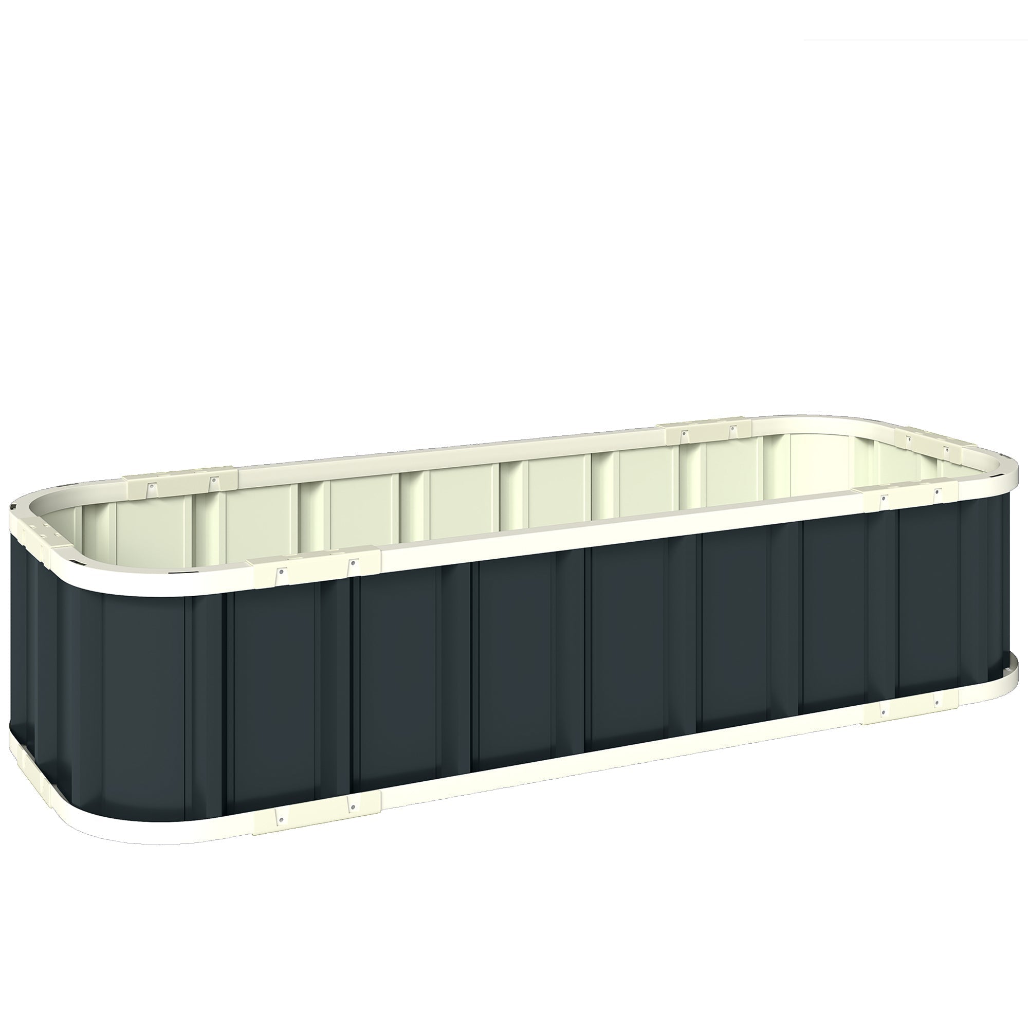 Dark green and cream plastic raised garden bed with rectangular curved design for outdoor gardening use