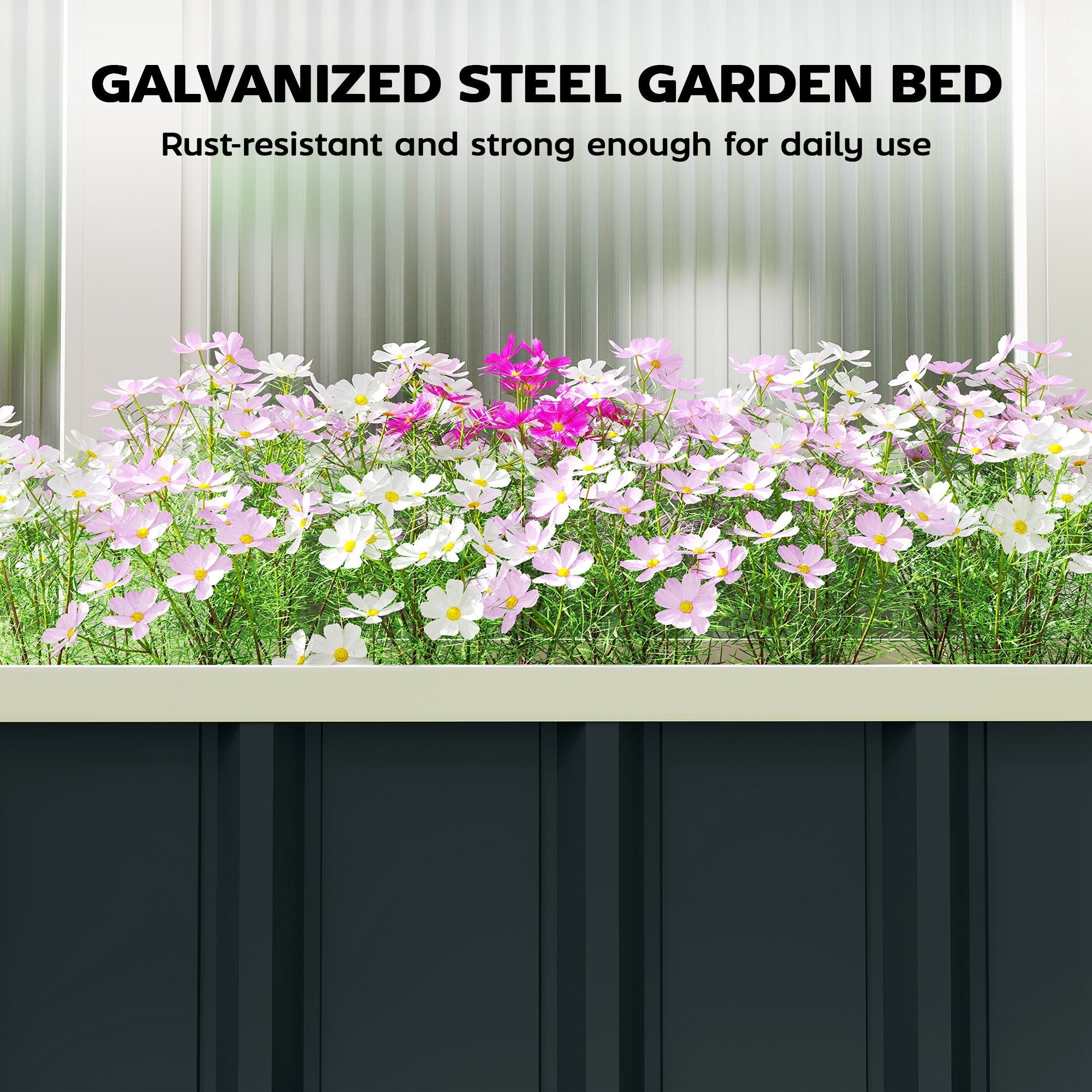 Outsunny galvanized steel raised garden bed with sleek dark gray finish and vertical panel design for easy gardening