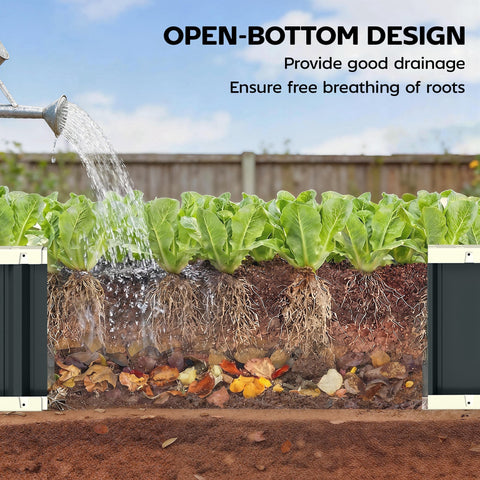 Black and white open-bottom raised garden bed with drainage slots for root health in dark grey Outsunny metal planter