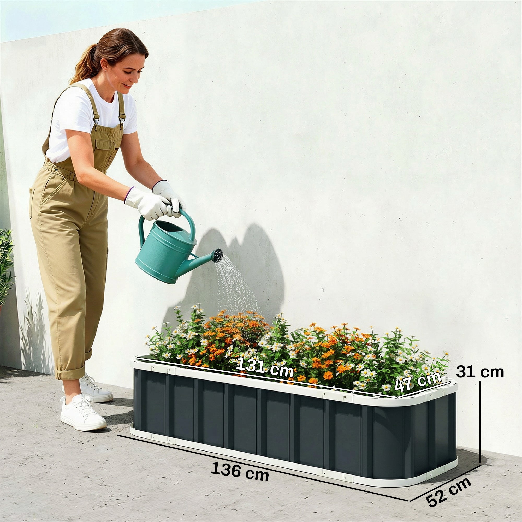 Dark gray metal raised garden bed with white trim and colorful flowers in outsunny galvanised planter set