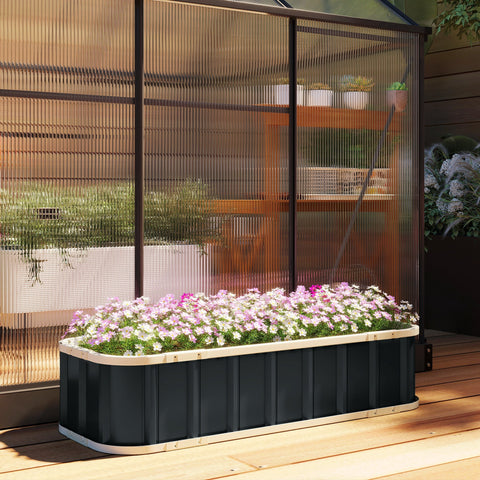 Outsunny galvanised raised garden bed in black and cream metal filled with pink and white flowers for raised garden use