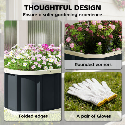 Black and cream plastic raised garden bed with rounded corners and folded edges for easy gardening use
