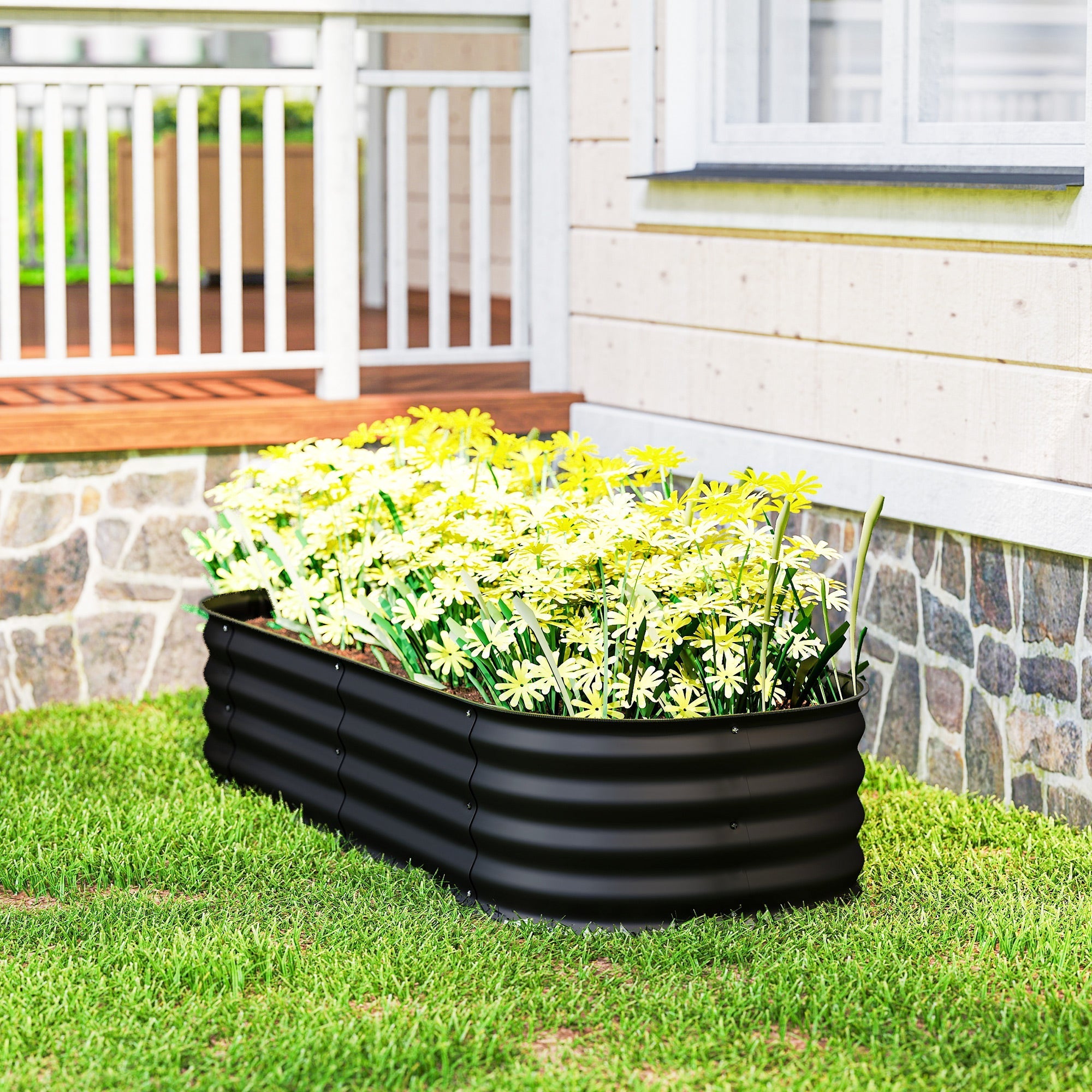 Black galvanised steel outsunny raised garden bed planter box with safety edging for flowers direct contact safe carry