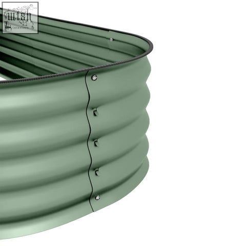 Olive green galvanised steel raised garden bed with black rim and safety edging to carry plants safely in direct contact