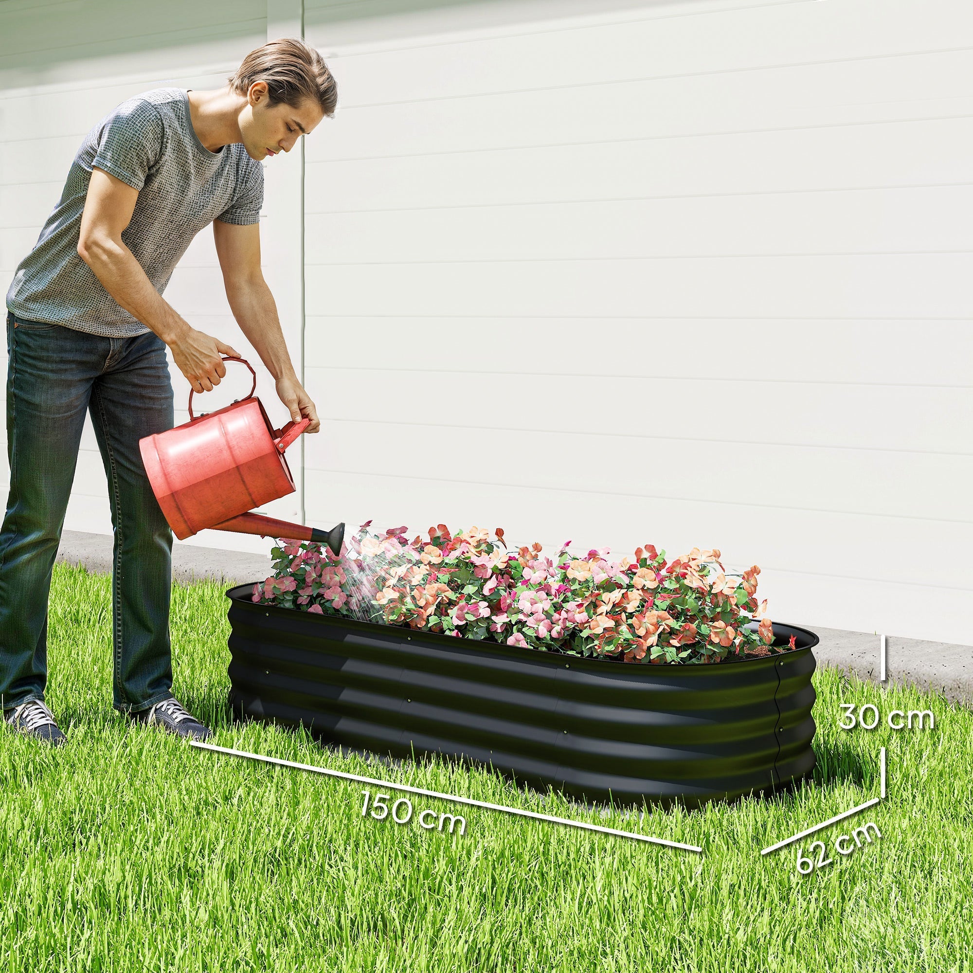 Black outsunny galvanised steel garden planter with safety edging for flowers allowing direct contact and carry safely