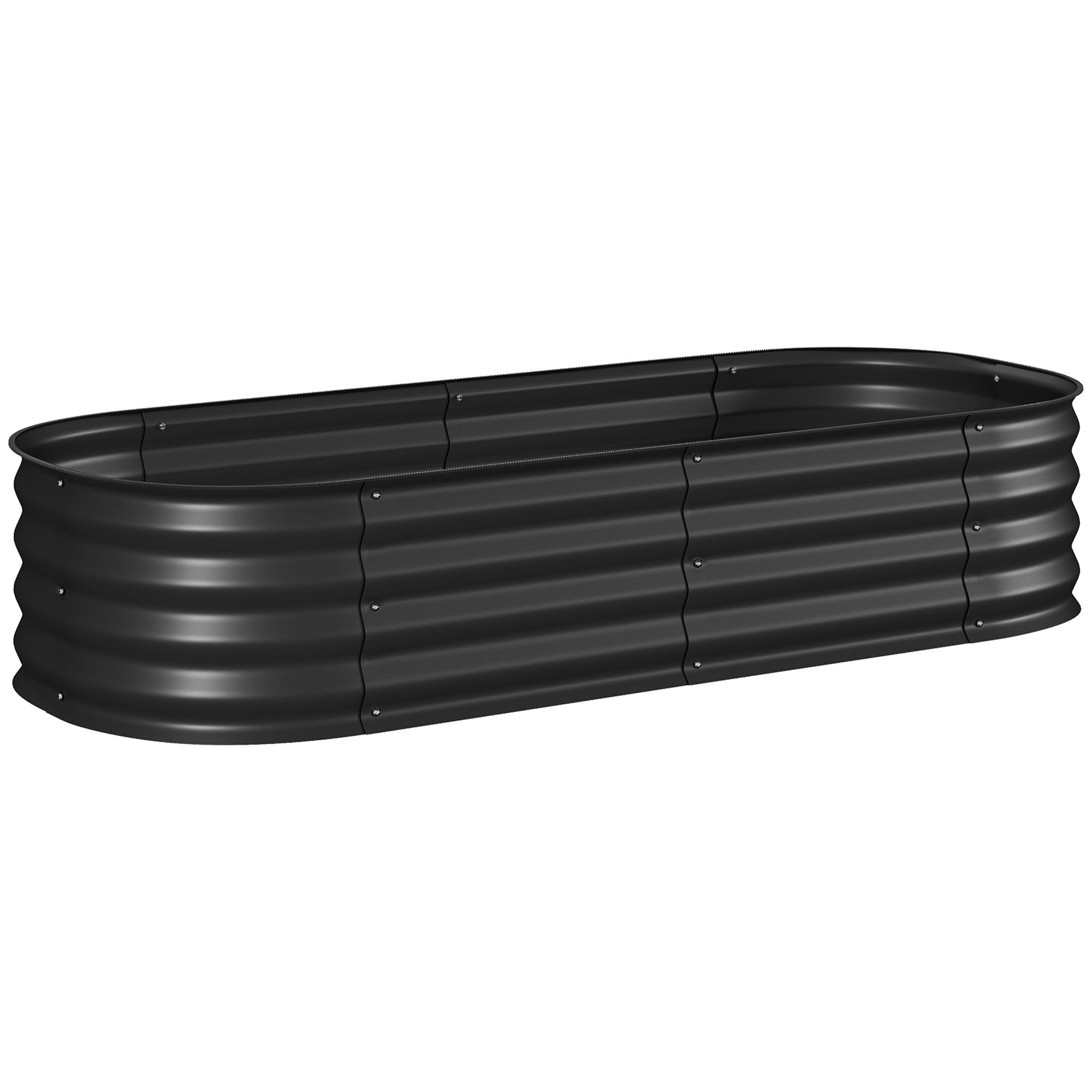 Black galvanised steel outsunny raised garden bed with oval design and safety edging for direct contact carry safely