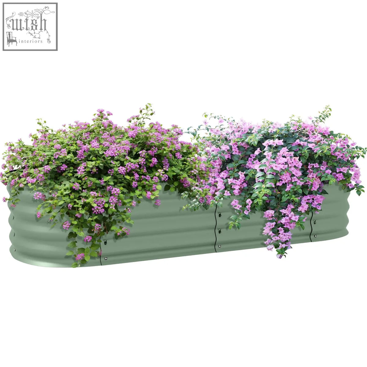 Outsunny galvanised steel raised garden bed in green with safety edging holding cascading purple and pink flowering vines for direct contact and carry safely