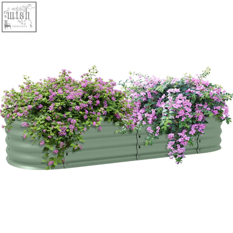 Outsunny galvanised steel raised garden bed in green with safety edging holding cascading purple and pink flowering vines for direct contact and carry safely