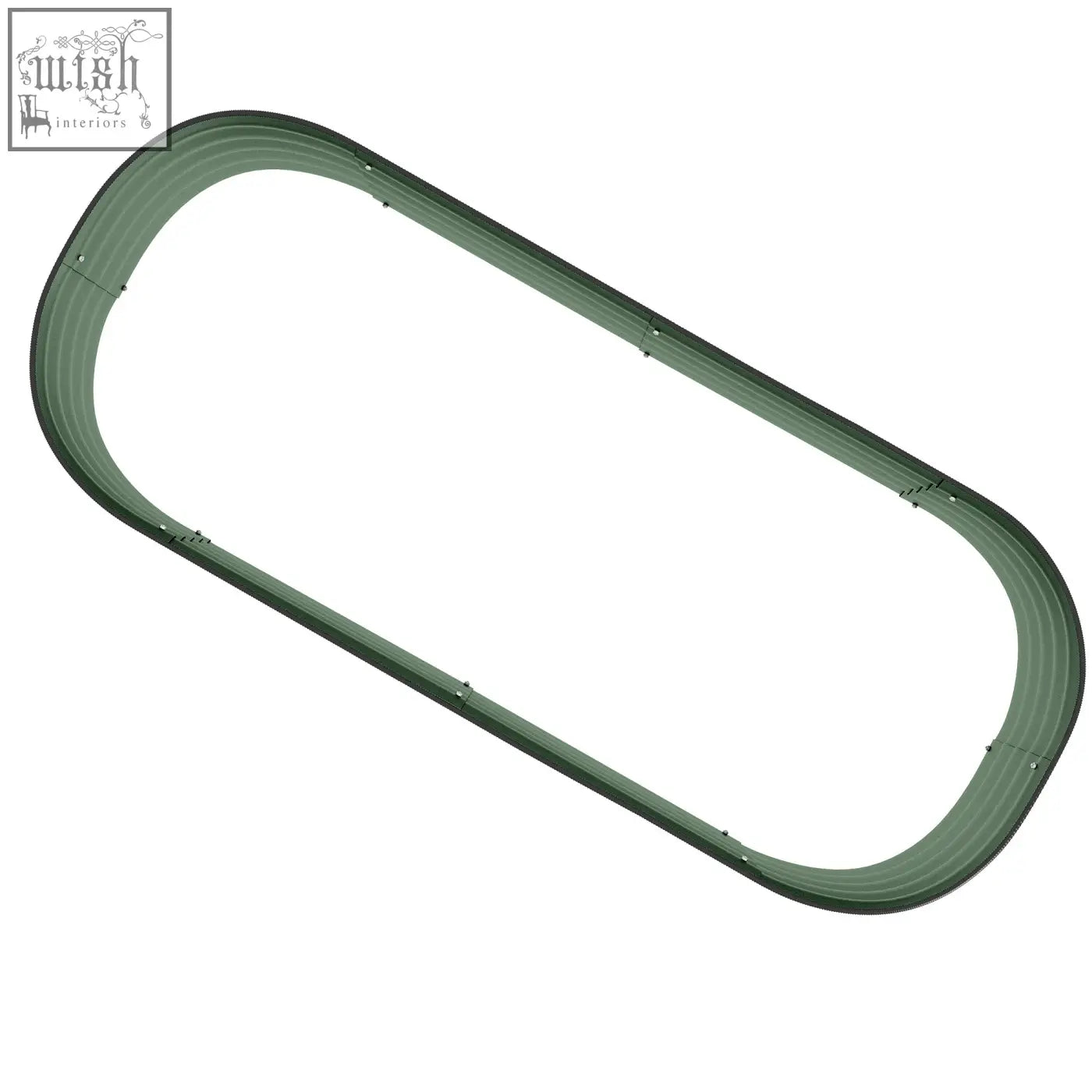 Dark green plastic model train track set forming an oval loop near galvanised steel raised garden bed for direct contact use carry safely