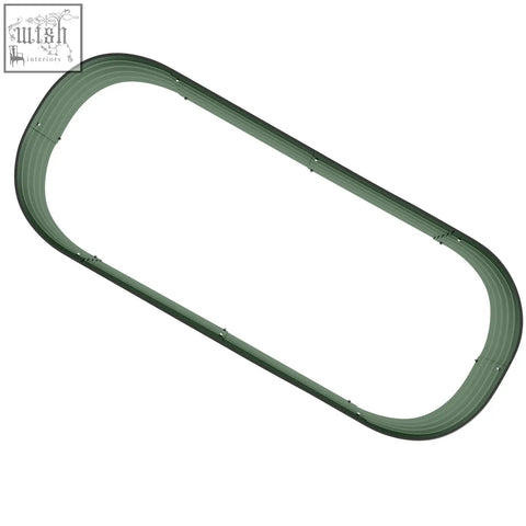 Dark green plastic model train track set forming an oval loop near galvanised steel raised garden bed for direct contact use carry safely