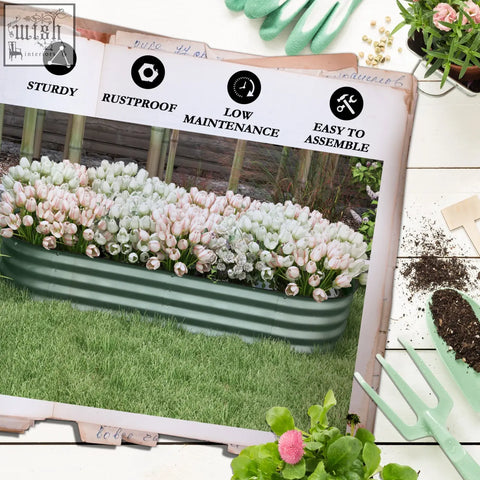 Green corrugated galvanised steel garden planter filled with white and pink tulips is easy to carry safely with safety edging