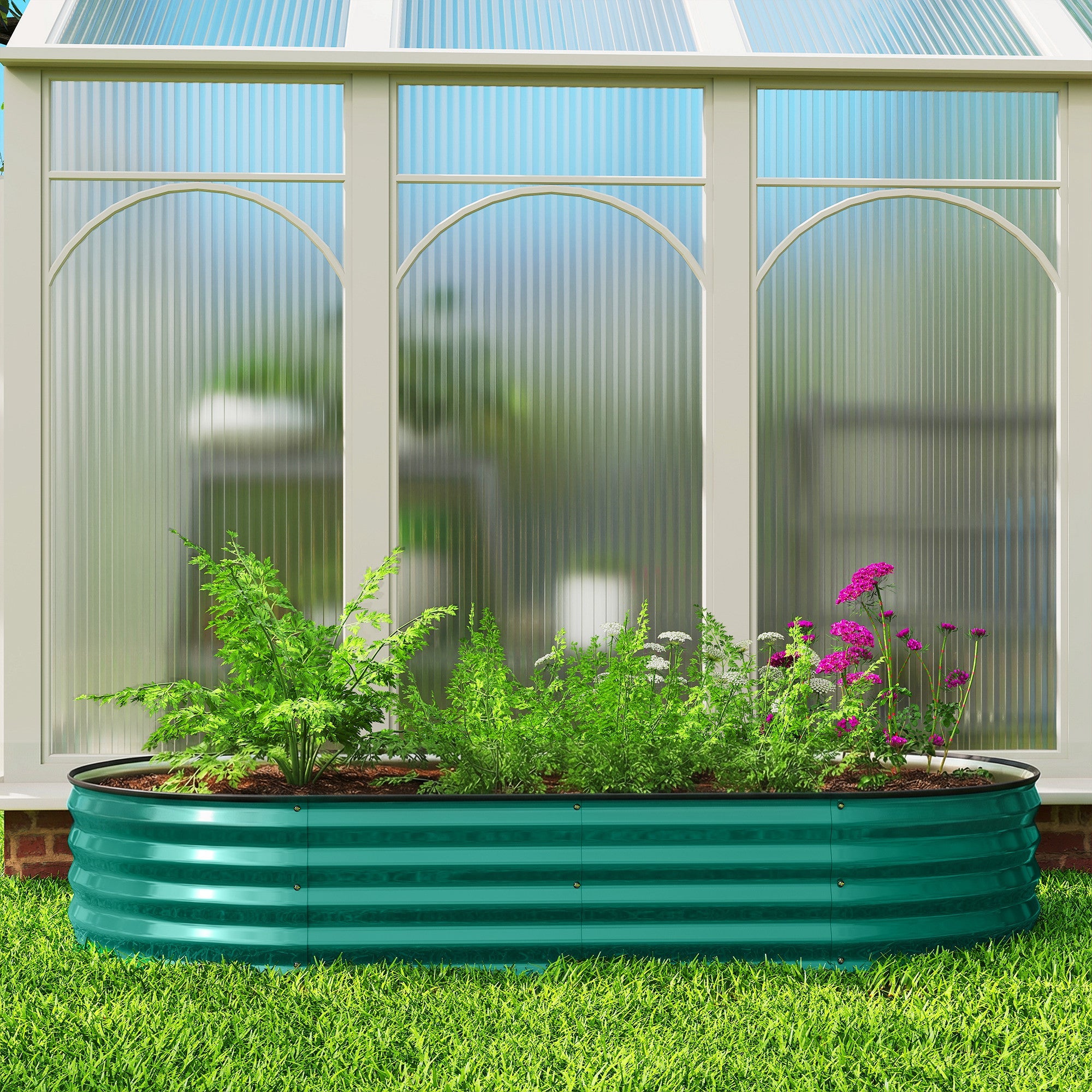 Teal outsunny galvanised steel raised garden bed with safety edging for flowers herbs and succulents direct contact safe to carry