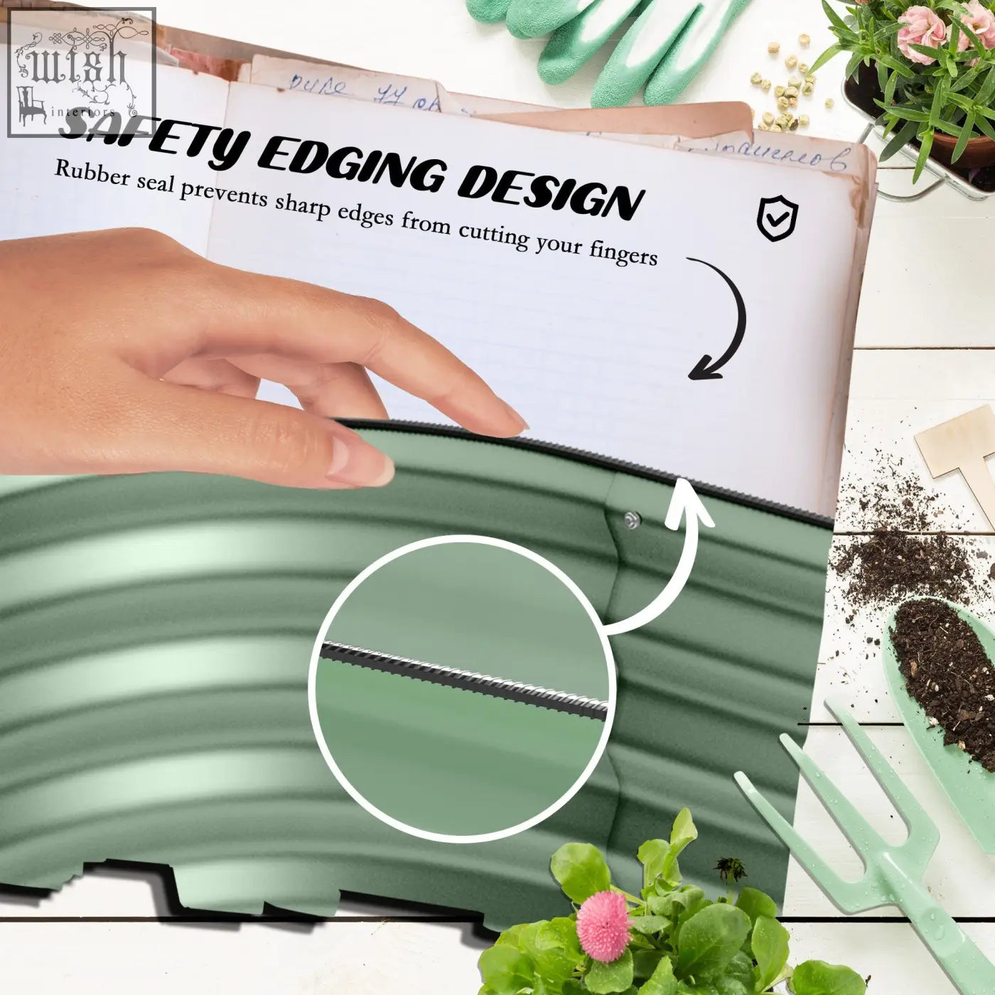 Green galvanised steel raised garden bed with rubber-sealed edges for safety to carry safely in direct contact