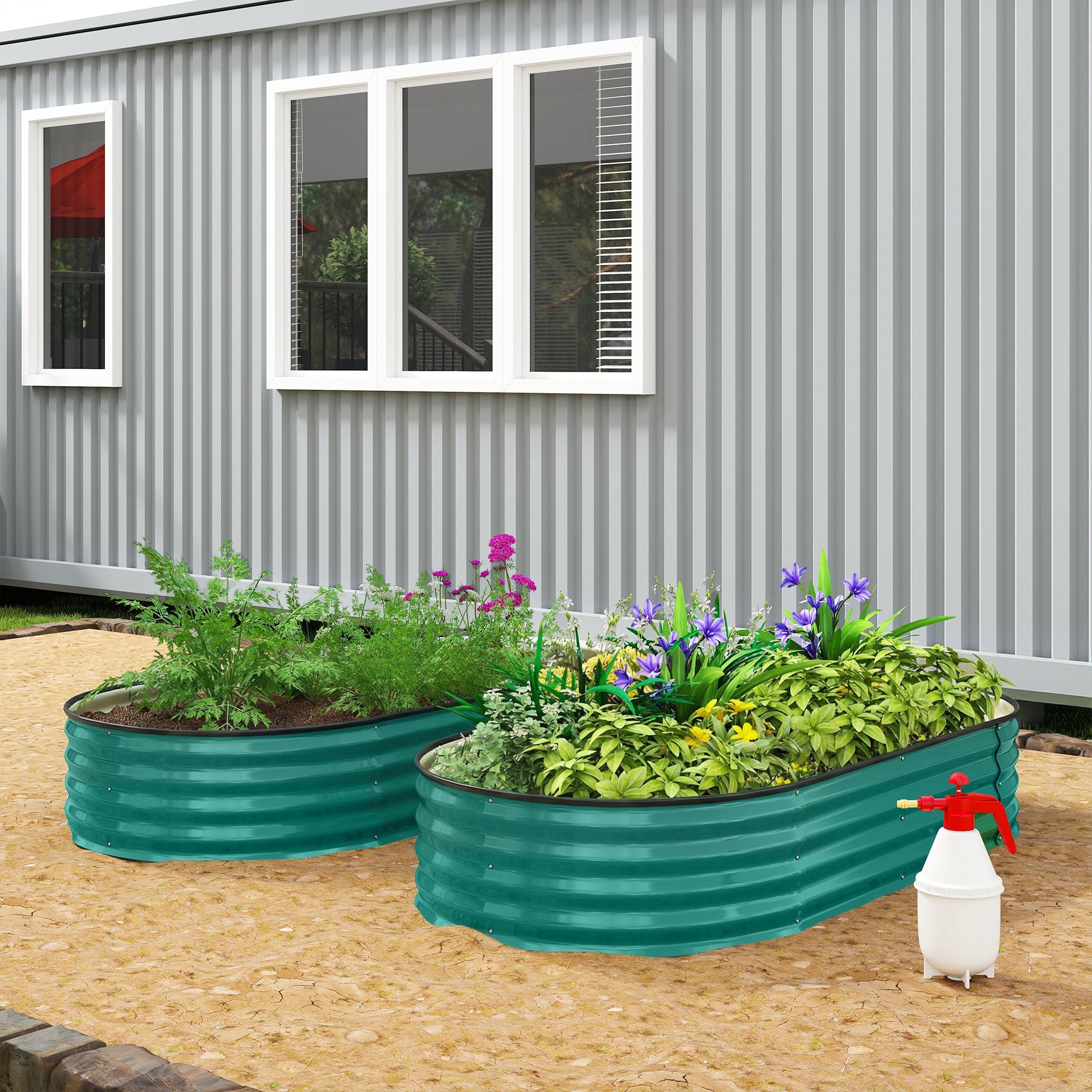 Teal light green galvanised steel outsunny raised garden bed with safety edging filled with lush plants and flowers
