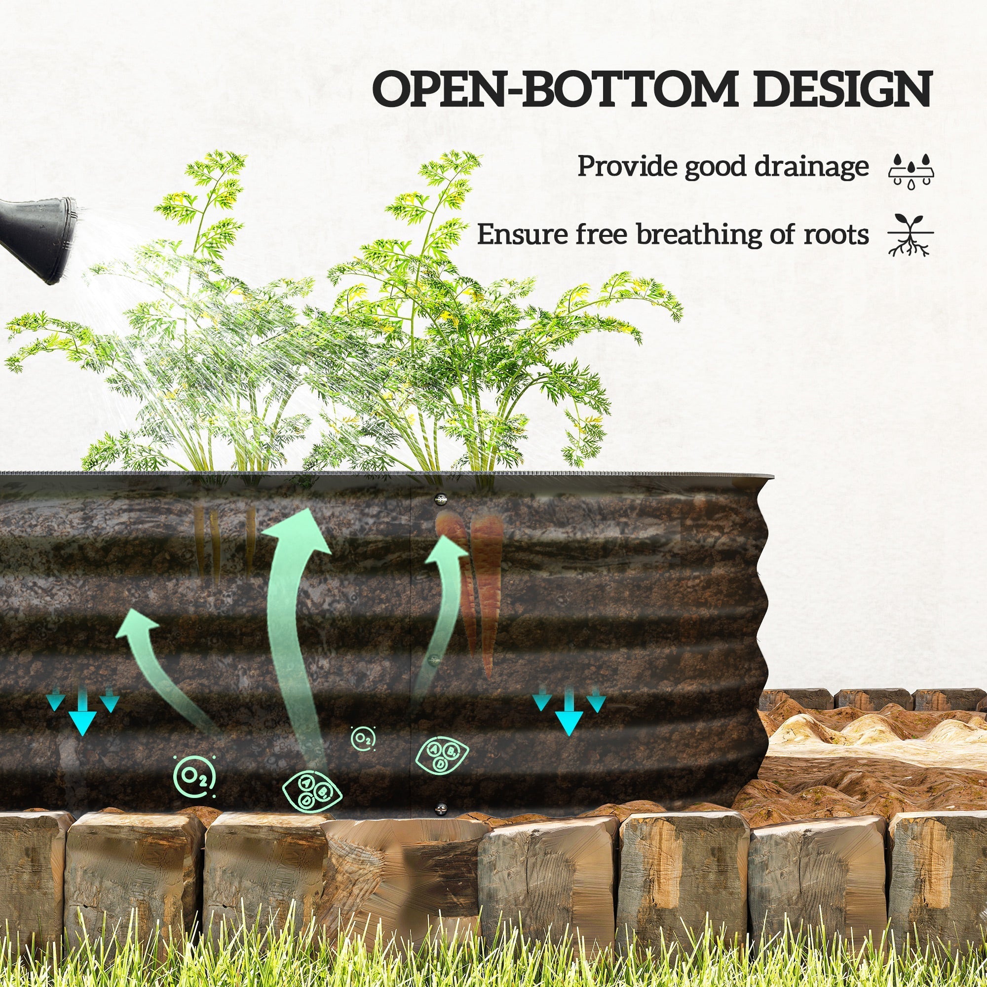 Rustic black galvanised steel planter with open bottom design for direct contact to soil to carry safely and grow plants