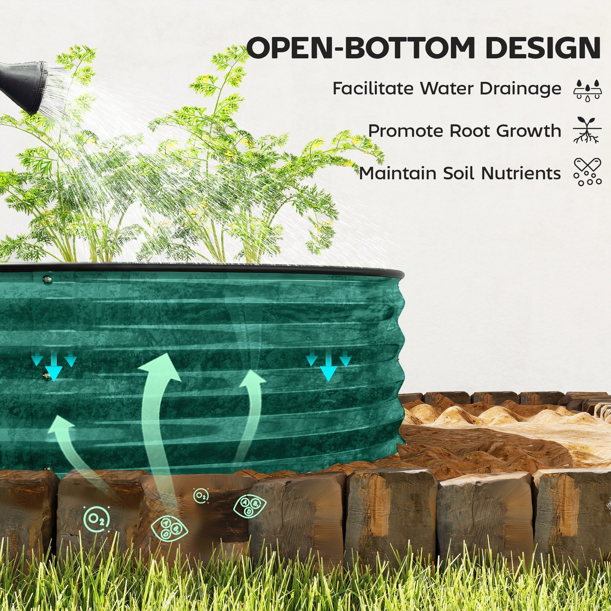 Teal galvanised steel planter with open-bottom design for direct contact and carry safely in the outdoors