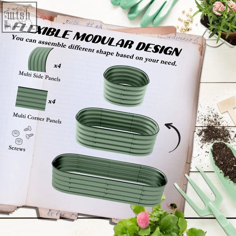 Green galvanised steel corrugated garden planter with flexible modular design for carry safely direct contact use