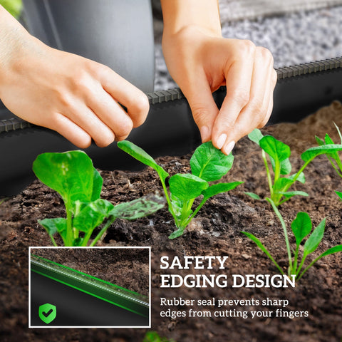 Black rubber edging with green safety seal on outsunny galvanised steel garden bed for safe direct contact and carry safely