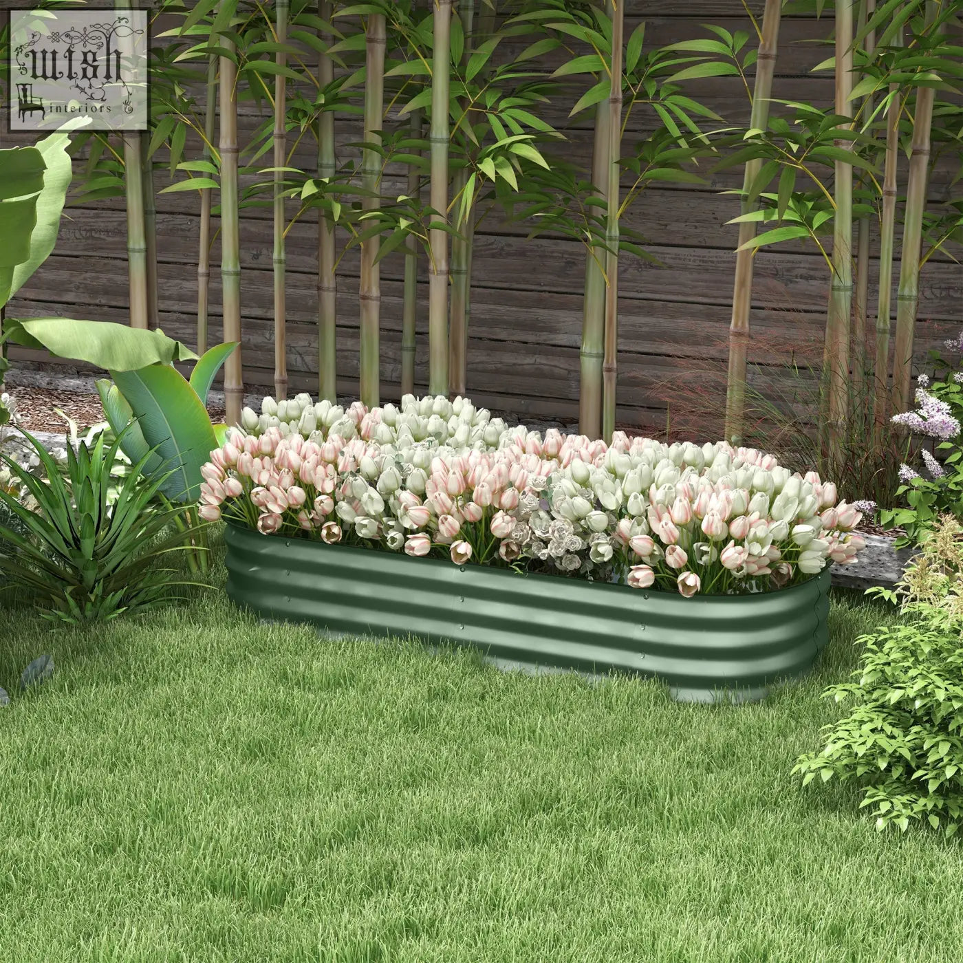 Green galvanised steel corrugated metal planter filled with pink and white tulips for carrying safely and direct contact