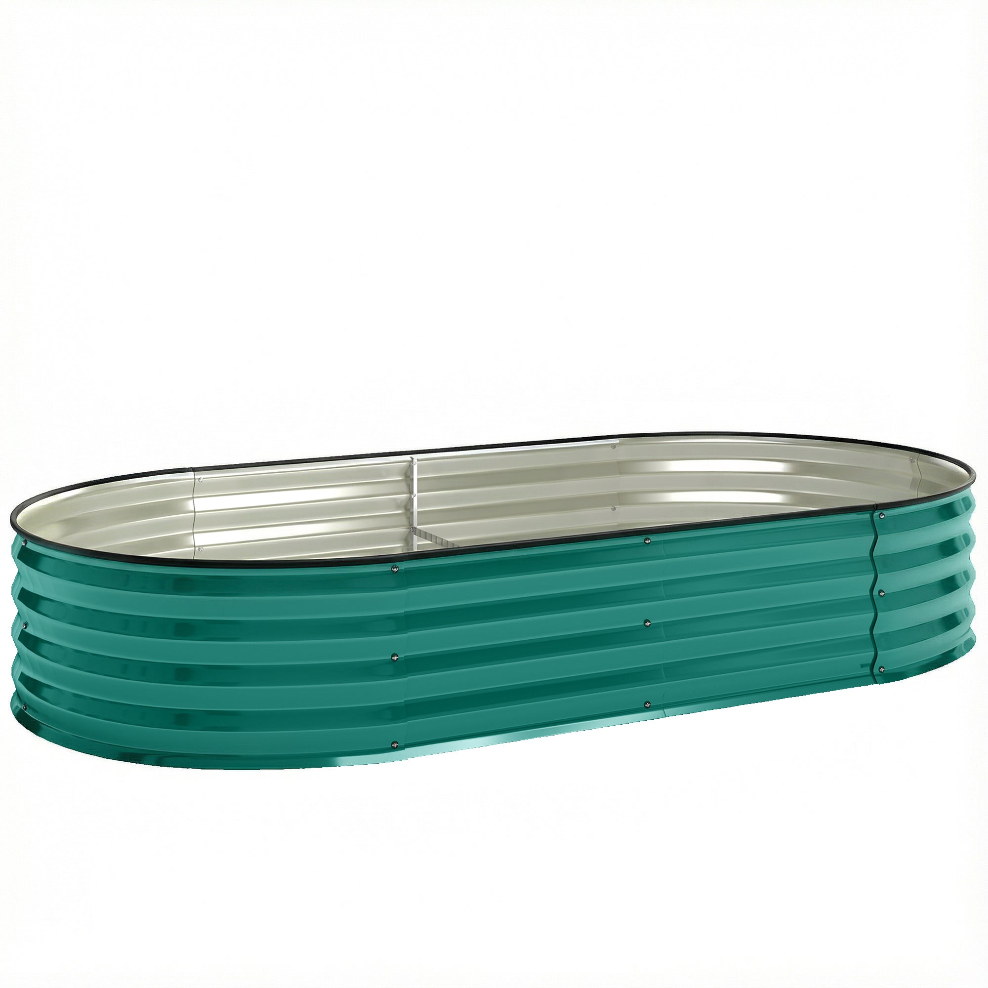 Teal galvanised steel raised garden bed with silver interior and safety edging for flowers and herbs carry safely