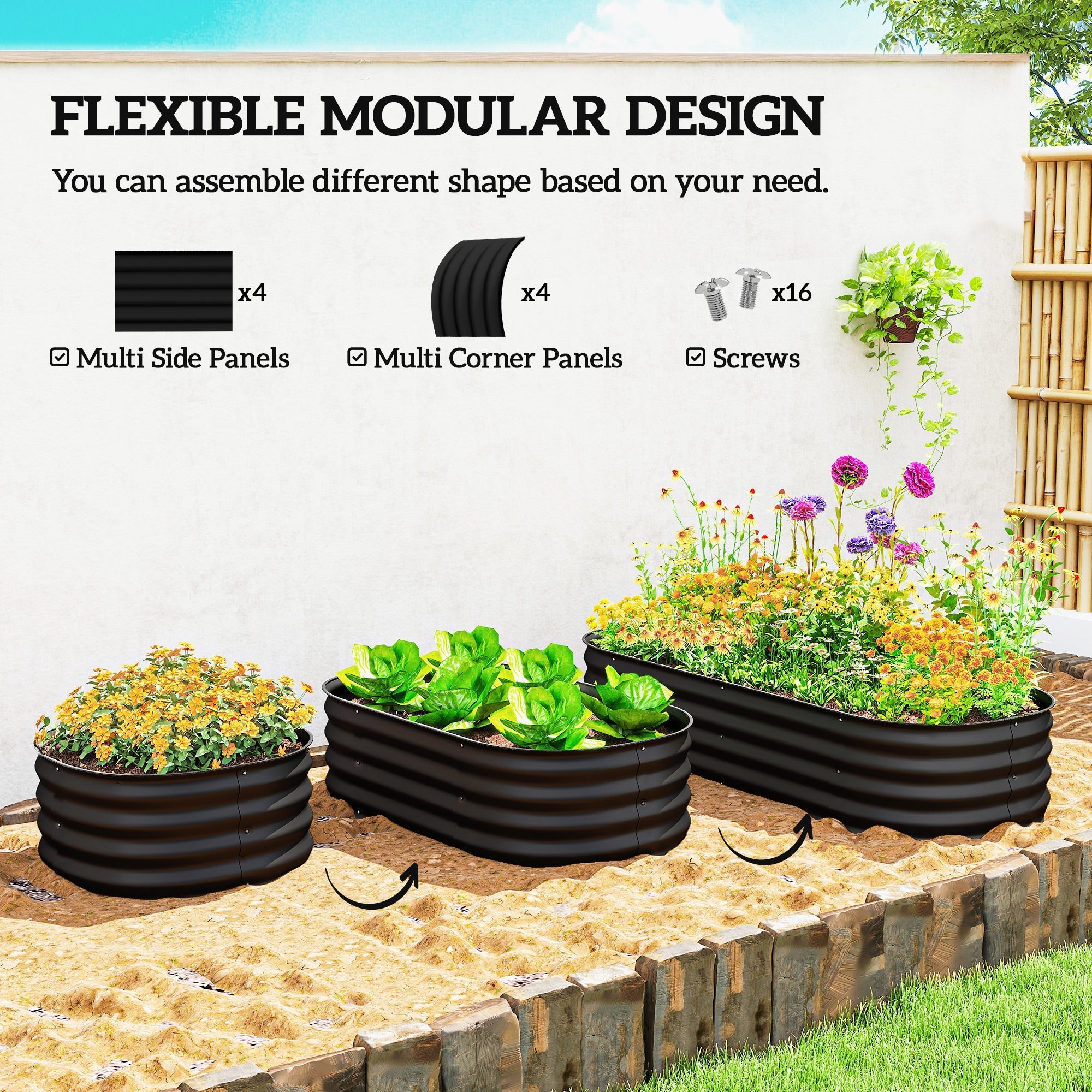 Black outsunny raised garden bed made of galvanised steel with flexible design for flowers and direct contact carry safely