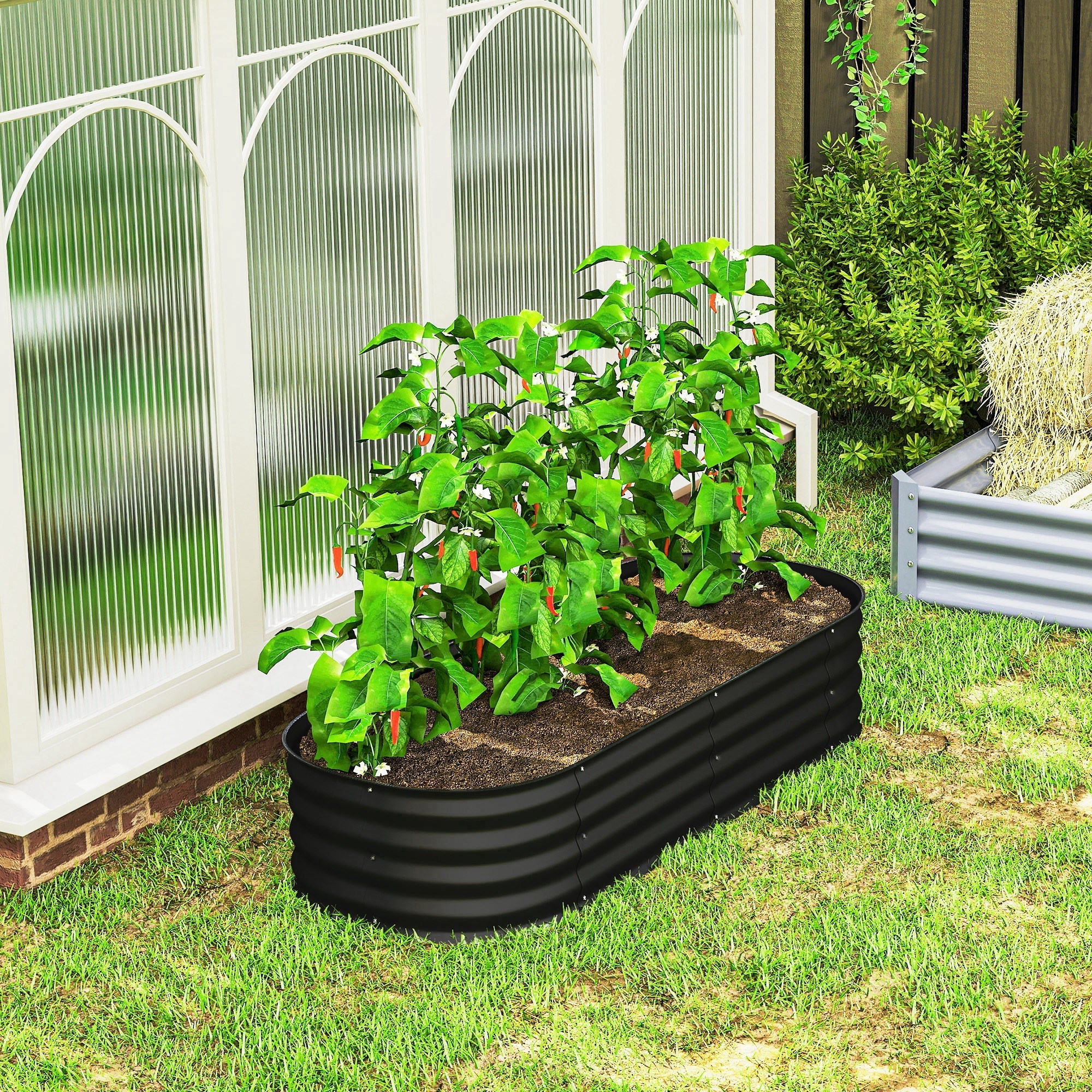 Black outsunny galvanised steel raised garden bed with safety edging for direct contact and carry safely features