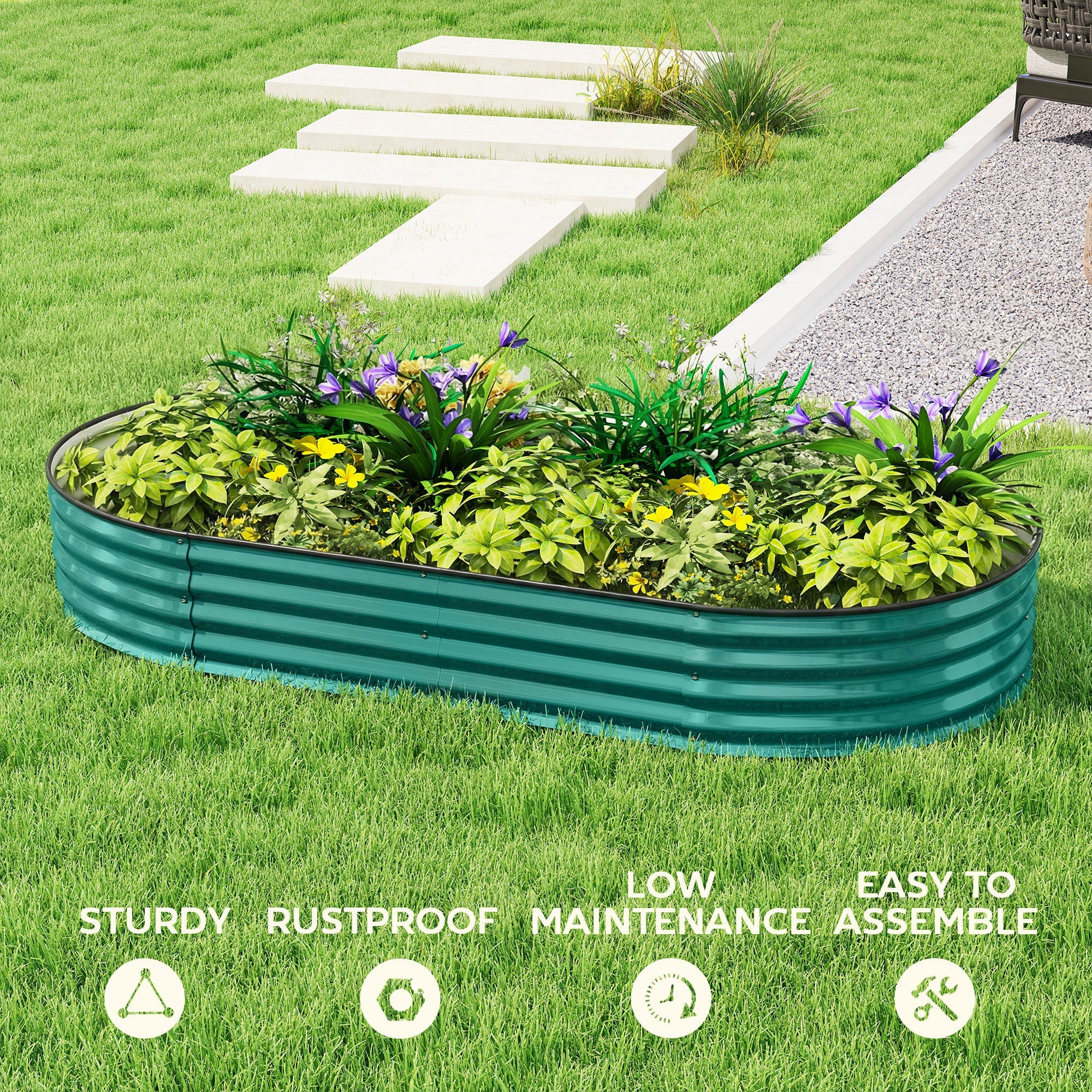 Teal galvanised steel Outsunny raised garden bed with safety edging for flowers herbs and direct contact carry safely