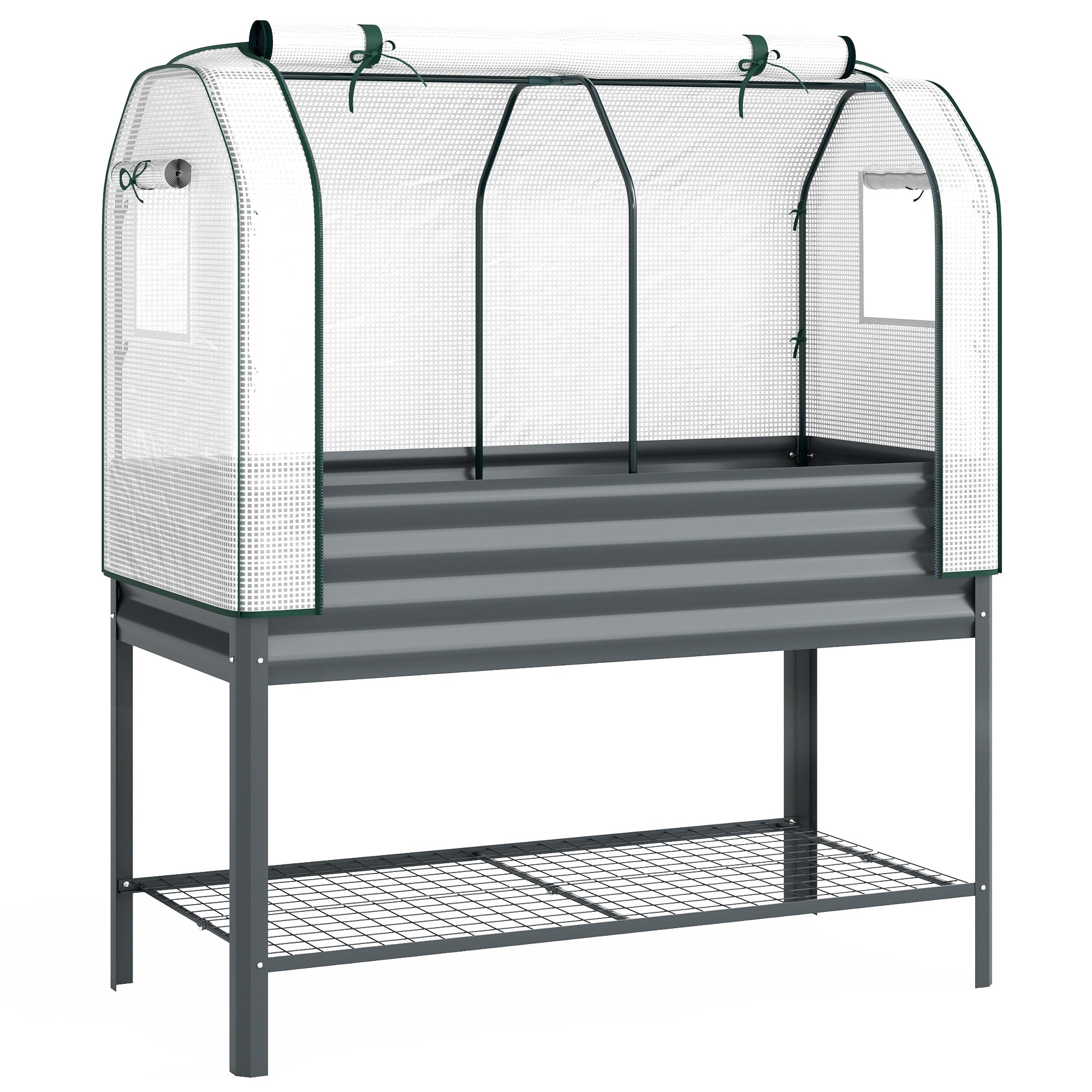 Gray metal raised planter with greenhouse cover and green trim for raised garden beds and plant growing