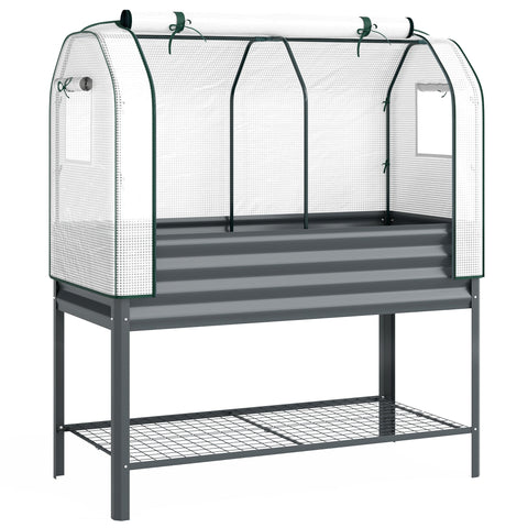 Gray metal raised planter with greenhouse cover and green trim for raised garden beds and plant growing