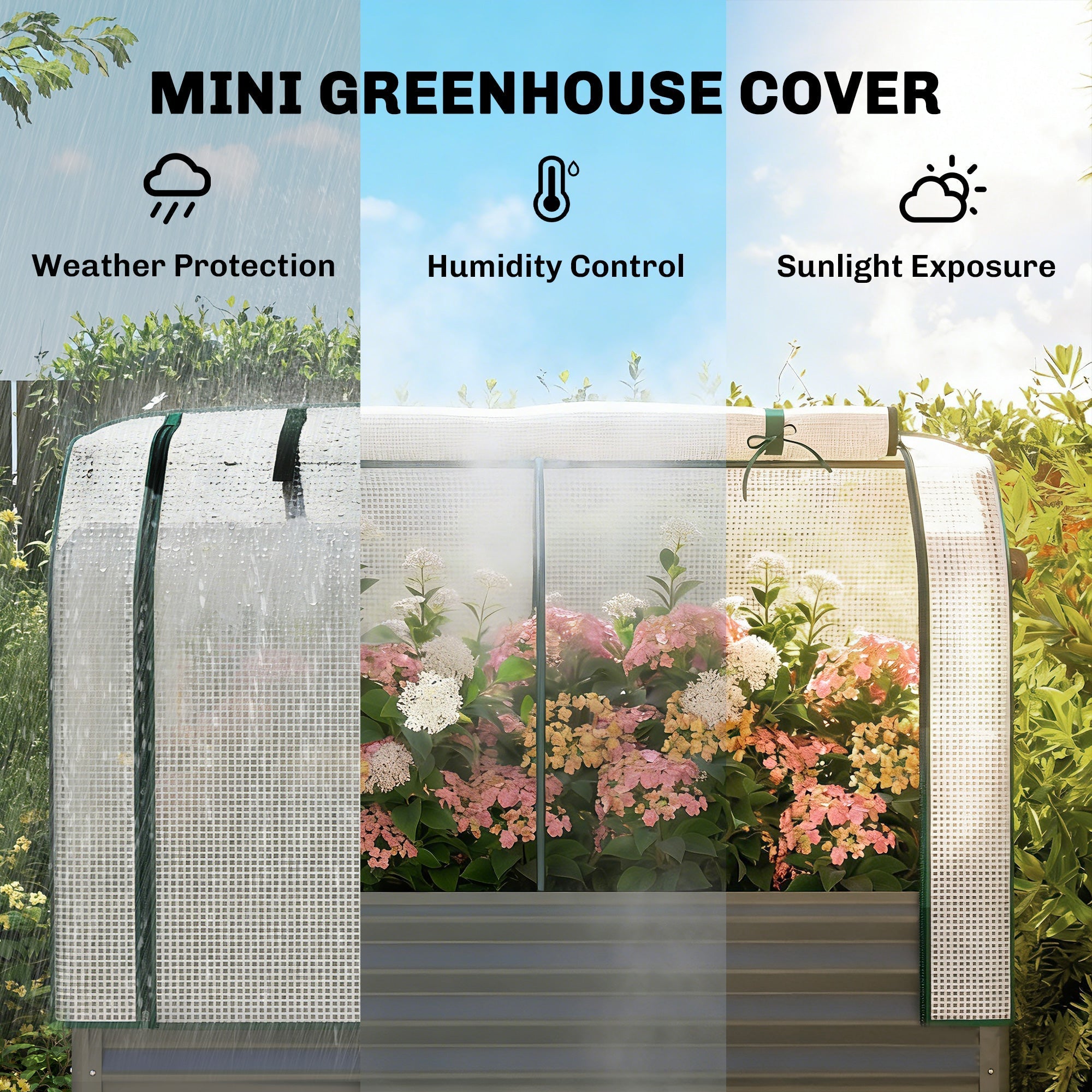 Outsunny galvanized raised planter with white mesh greenhouse cover green trim metal raised garden bed for weather protection