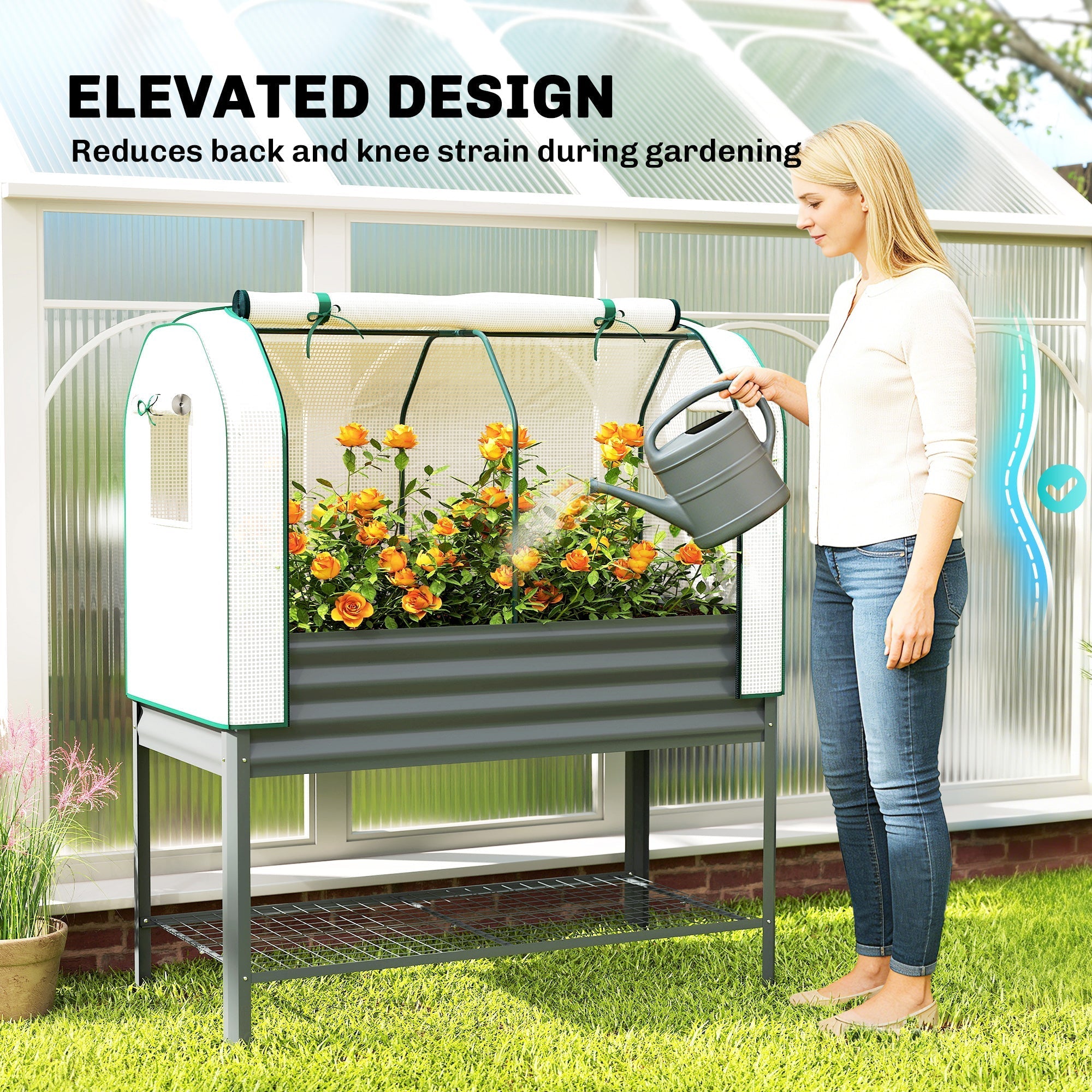 Gray galvanized metal raised garden bed with white mesh greenhouse cover and green trim by Outsunny