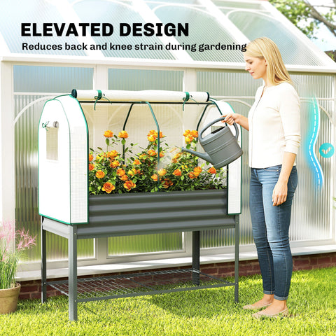 Gray galvanized metal raised garden bed with white mesh greenhouse cover and green trim by Outsunny