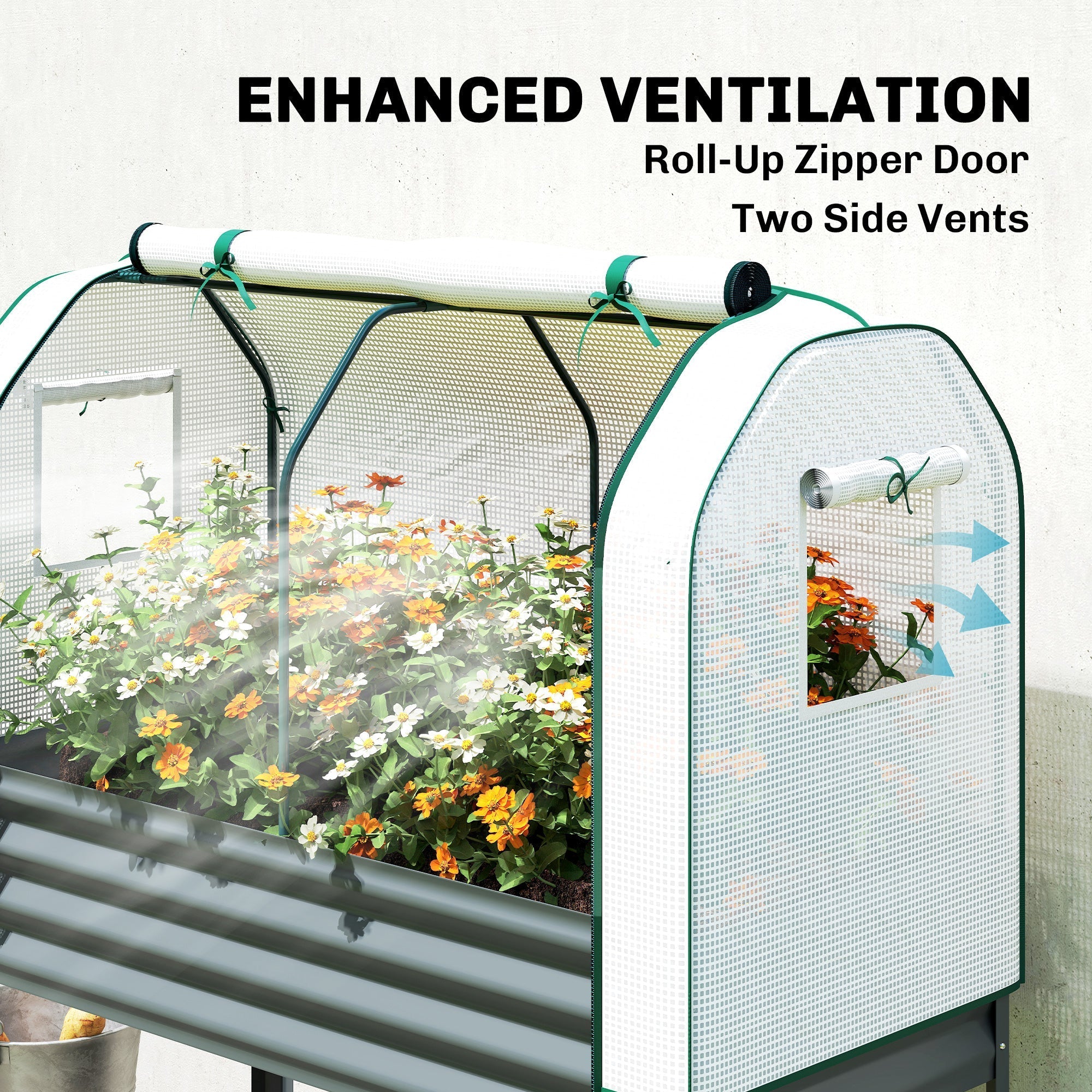 White mesh greenhouse cover with green trim and roll-up zipper door on galvanised metal raised planter bed with shelf
